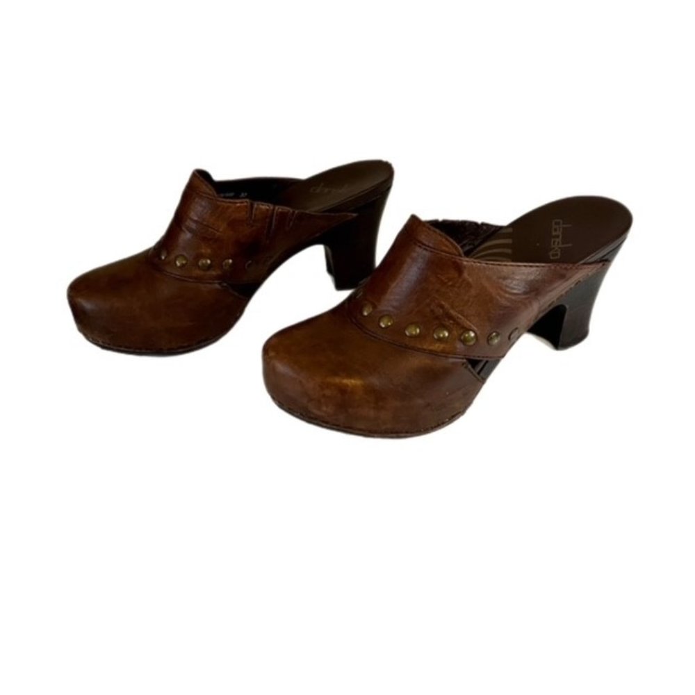 Dansko Rudy Studded Heeled Brown Leather Mules Open Back Clogs
